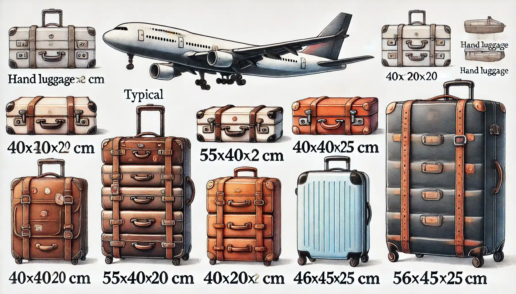 Illustration verschiedener Handgepäckgrößen von Fluggesellschaften mit typischen Abmessungen wie 55x40x20 cm.