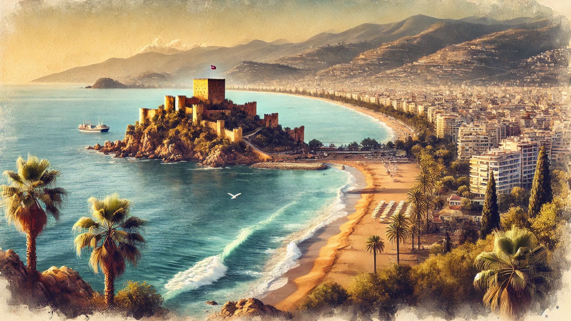 Blick von der Burg Alanya auf die Türkische Riviera mit goldenen Stränden und antiken Ruinen.