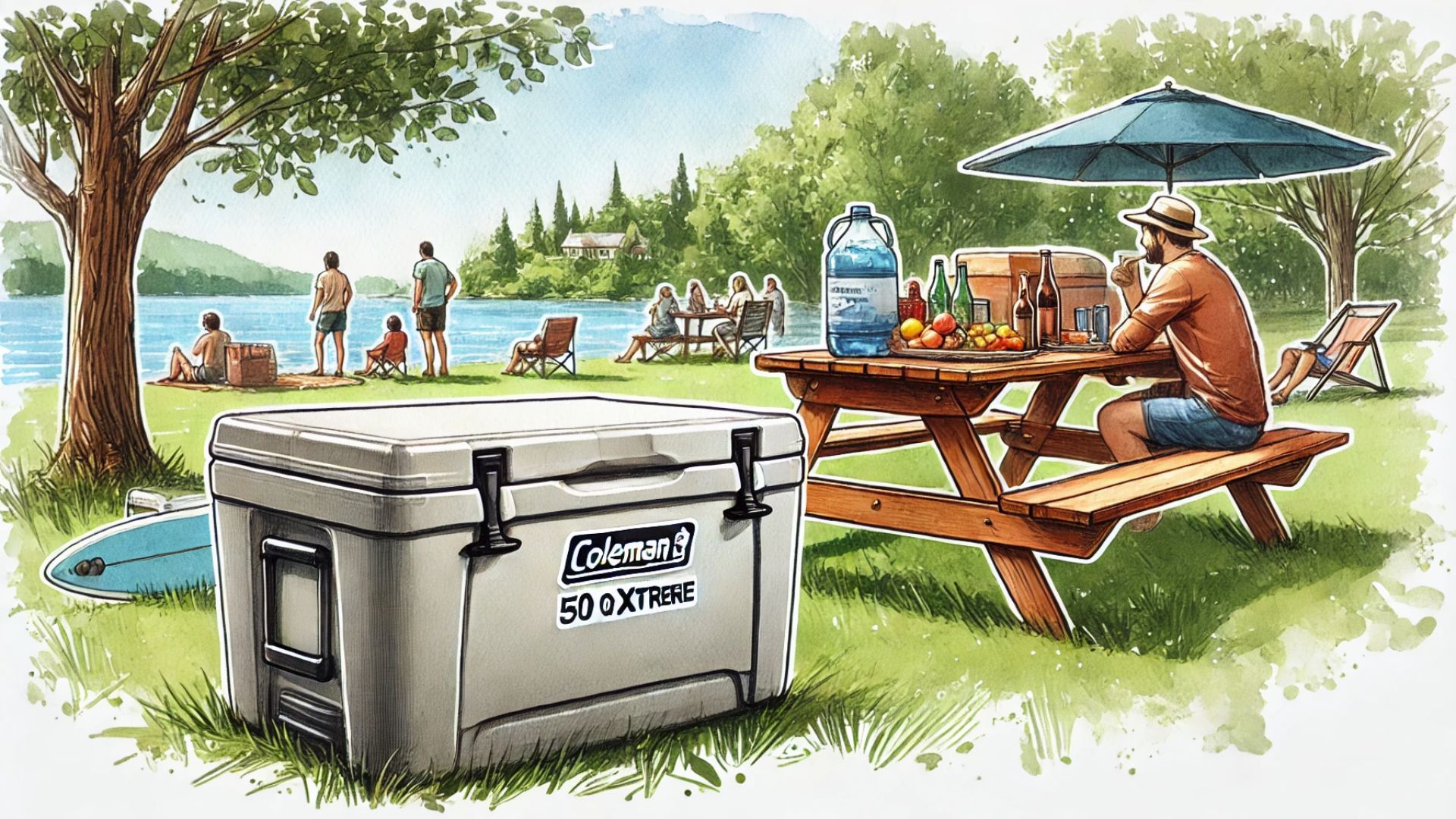 Die Coleman 50 QT Xtreme Kühlbox bei einem Sommer-Picknick, ideal für Tagesausflüge mit langer Kühlleistung.