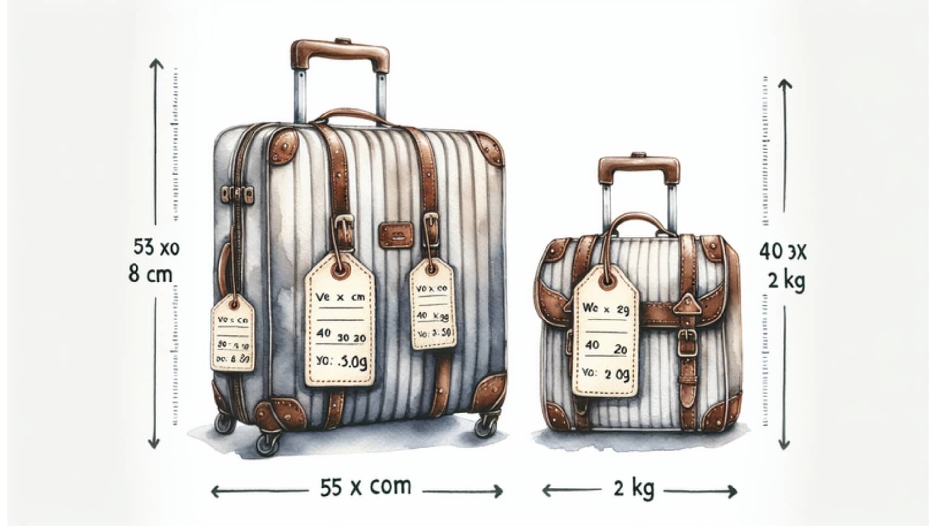 Illustration der unterschiedlichen Größen und Gewichte von Condor Handgepäckstücken im Aquarellstil, passend für die Handgepäckbestimmungen.