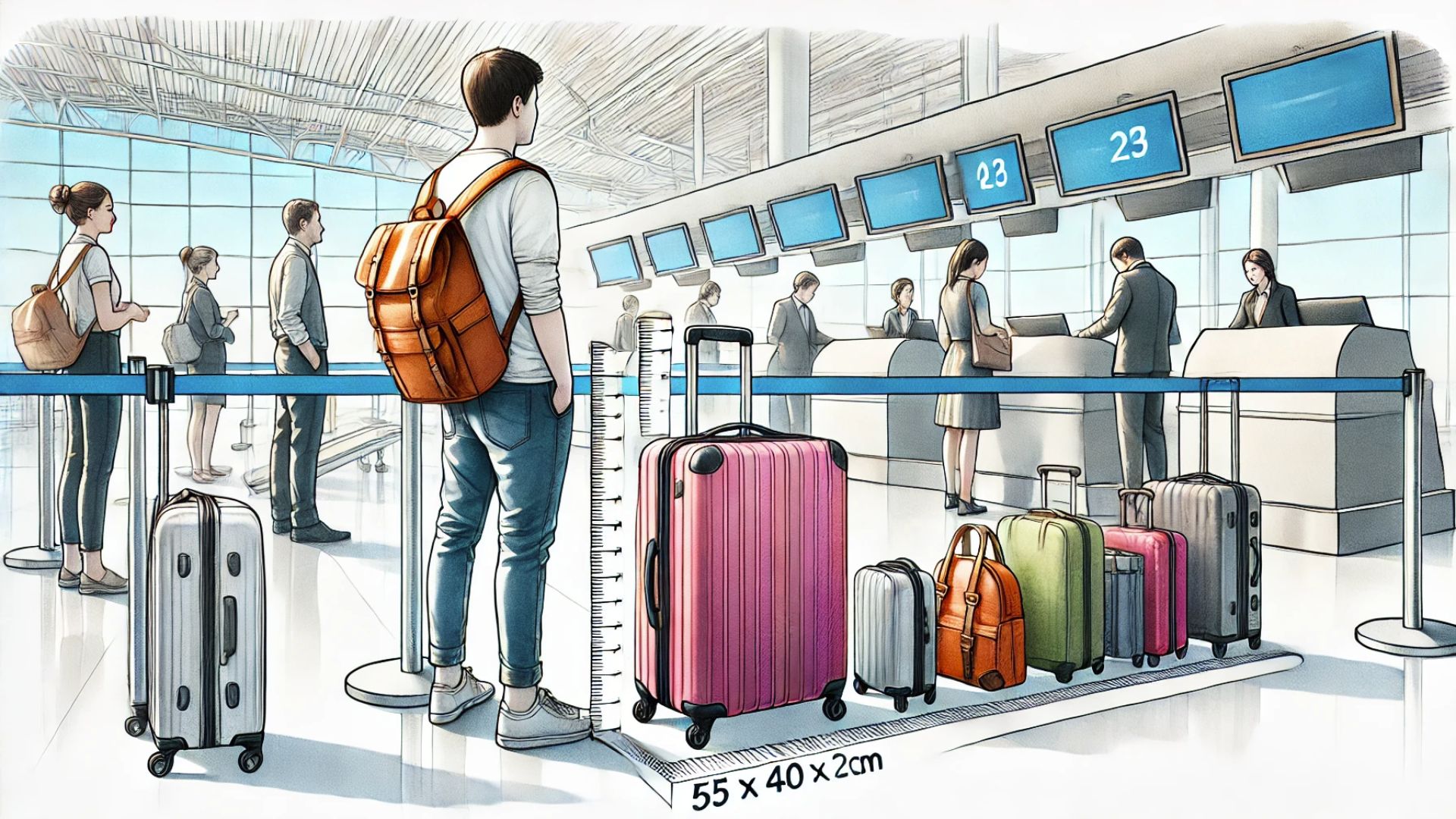 Passagier misst sein Handgepäck am Flughafen-Check-in für einen Eurowings-Flug, um die Vorgaben von 55 x 40 x 23 cm zu überprüfen.