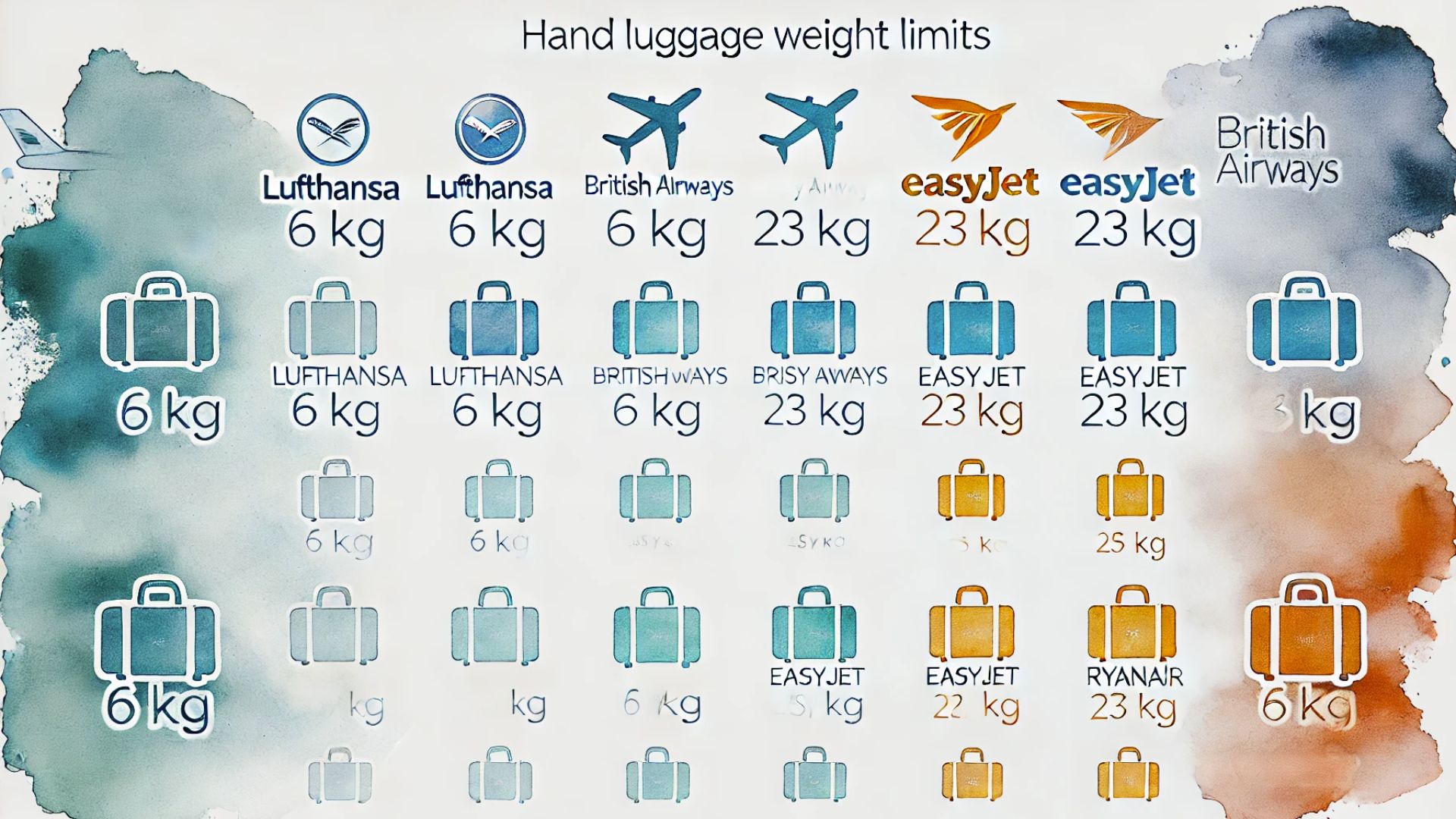 Infografik Vergleich der Handgepäck-Gewichtsgrenzen von Airlines, inklusive Lufthansa, British Airways und Ryanair, von 6 kg bis 23 kg.