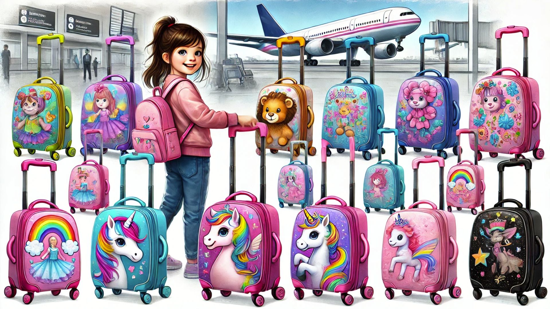 Mädchen mit einem Einhorn-Kinderkoffer am Flughafen, bereit für die Reise.