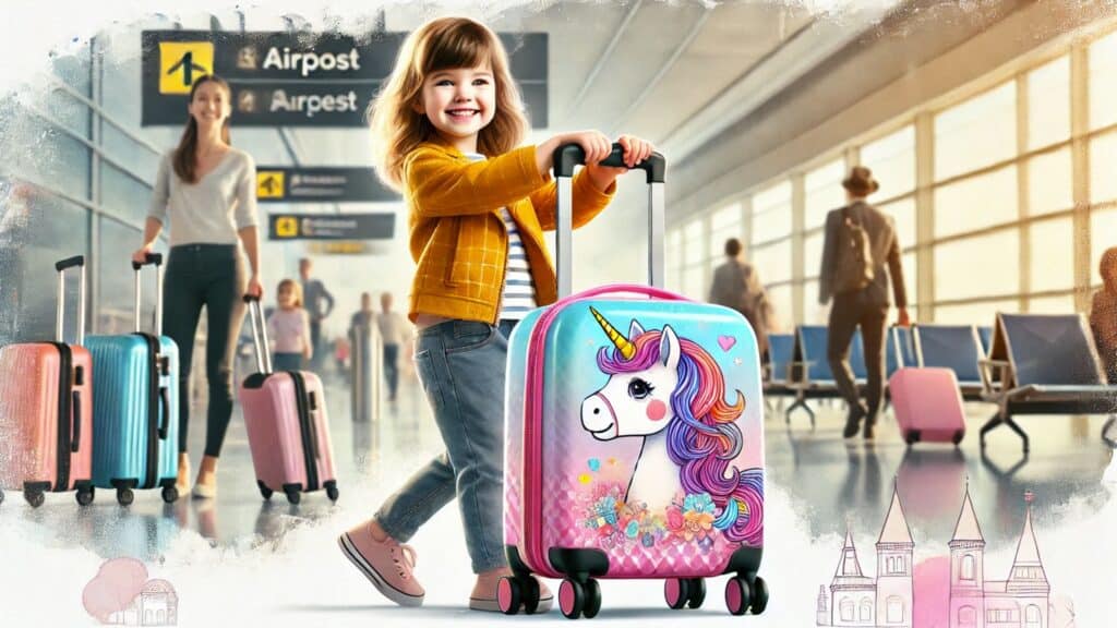 Mädchen mit einem Einhorn-Kinderkoffer am Flughafen, bereit für die Reise.