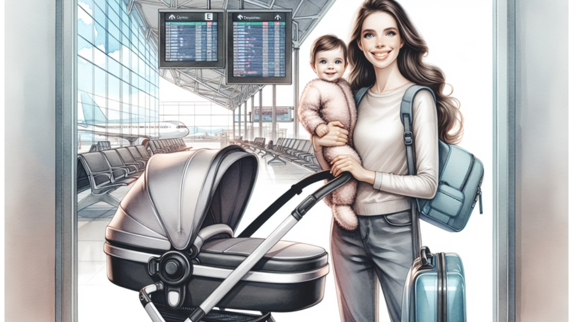 Moderne Mutter mit Baby neben einem zusammengefalteten Reisebuggy am Flughafen, im Aquarellstil.