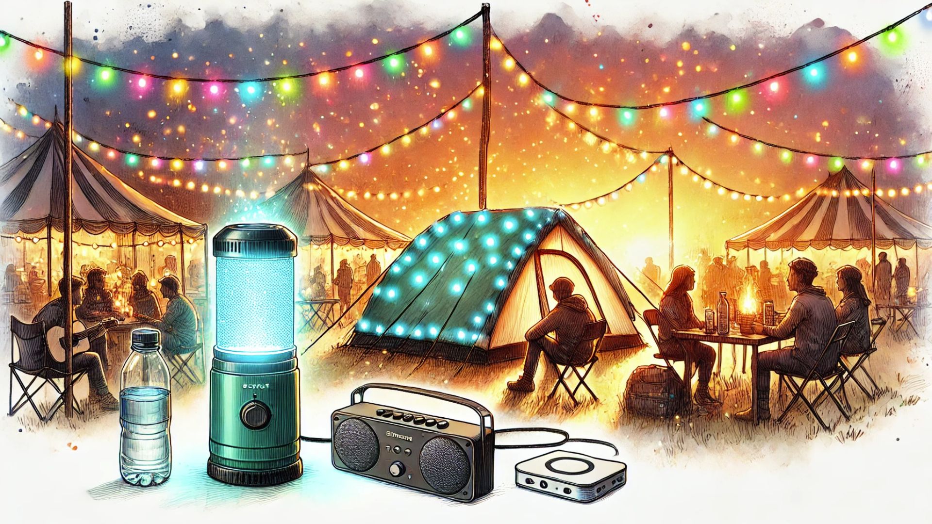 Ein LED-beleuchtetes BioLite Camping-Zelt auf einem Festival-Campingplatz, das Licht und Strom für Gadgets bietet.