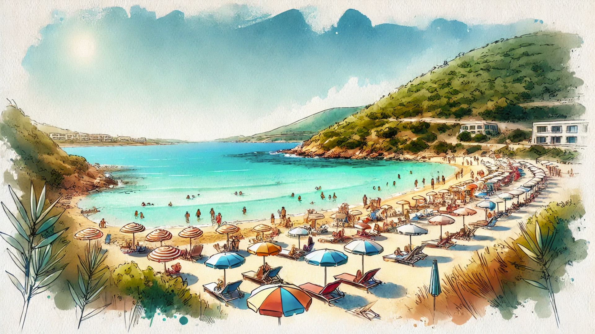 Sonnenverwöhnter mediterraner Strand im August mit kristallklarem Wasser, ideal für einen entspannten Badeurlaub.