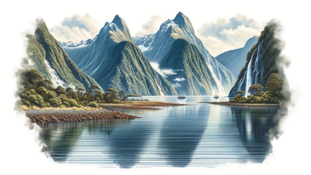 Atemberaubender Blick auf den Milford Sound in Neuseeland mit Wasserfall, Fjord und Bergen im November.