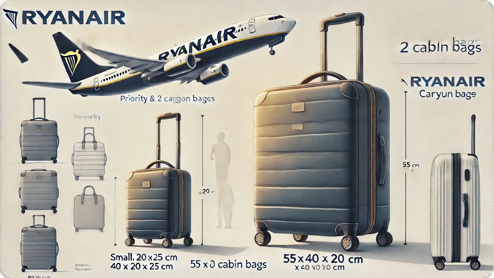 Darstellung von Ryanair-Handgepäckoptionen, kleiner Rucksack und größerer Rollkoffer mit Abmessungen.