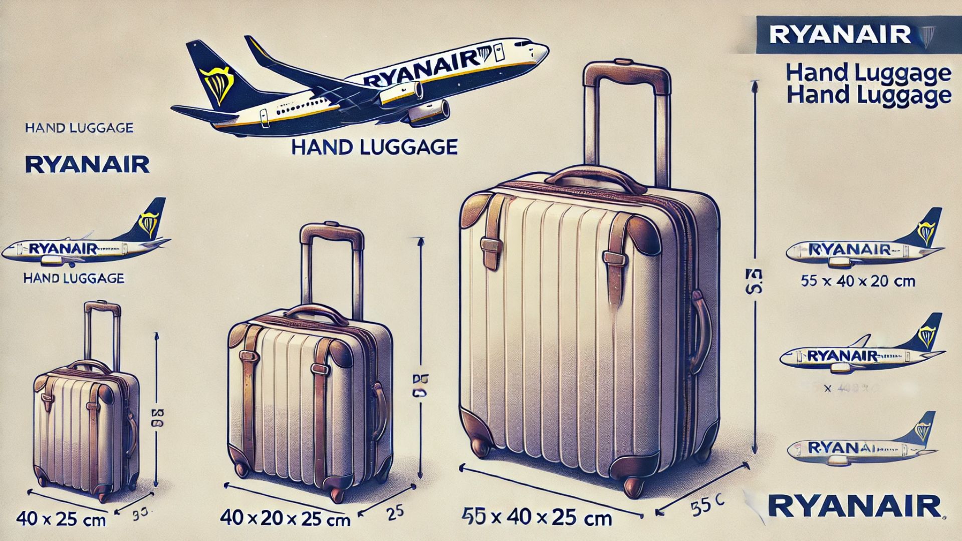 Größenvergleich von Ryanair-Handgepäck: kleines Handgepäck 40x20x25 cm und größeres Handgepäck 55x40x20 cm.