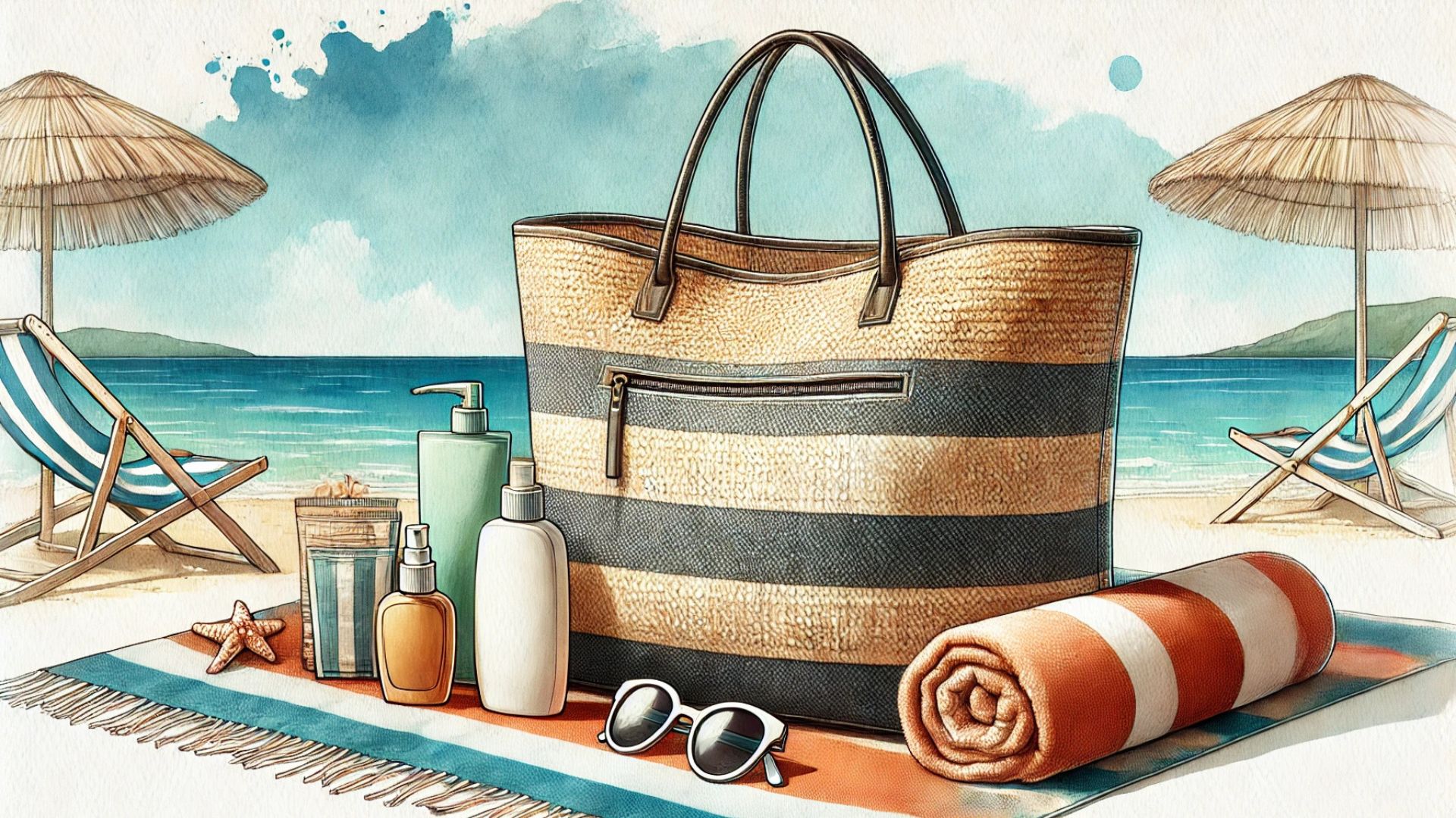 Große Strandtasche mit Reißverschluss und wichtigen Strandutensilien wie Handtuch und Sonnencreme am Strand.