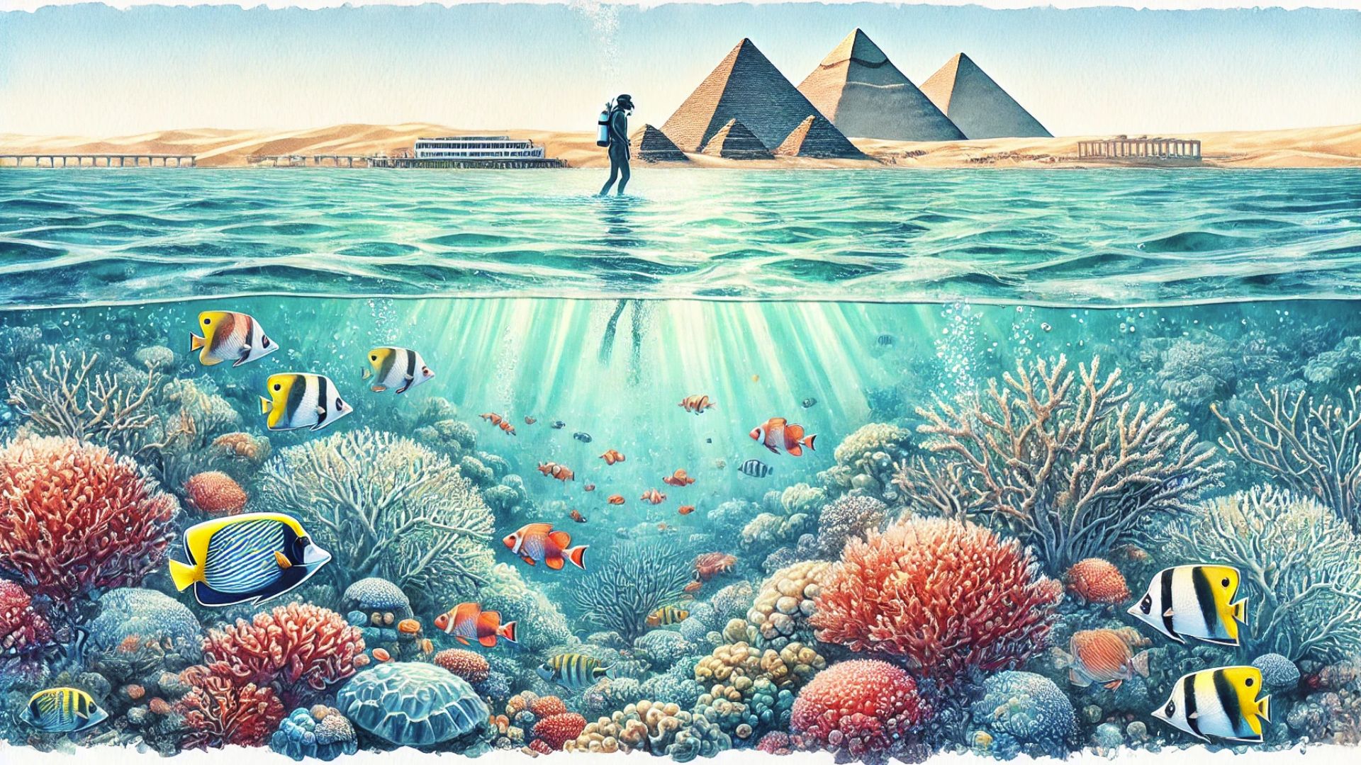 Taucher im Roten Meer vor Ägypten mit bunten Korallen und Fischen, Pyramiden im Hintergrund.