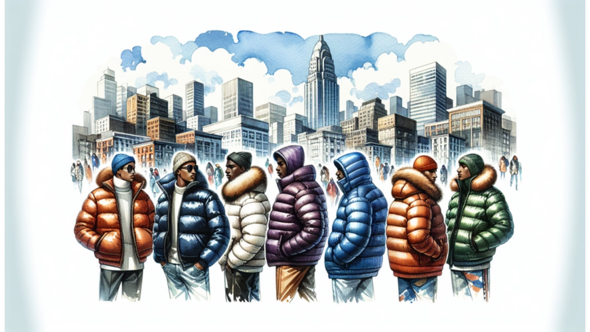 Verschiedene Puffer Jackets in urbaner Winterkulisse, das Aquarellbild zeigt stilvolle Jacken in unterschiedlichen Farben und Texturen.