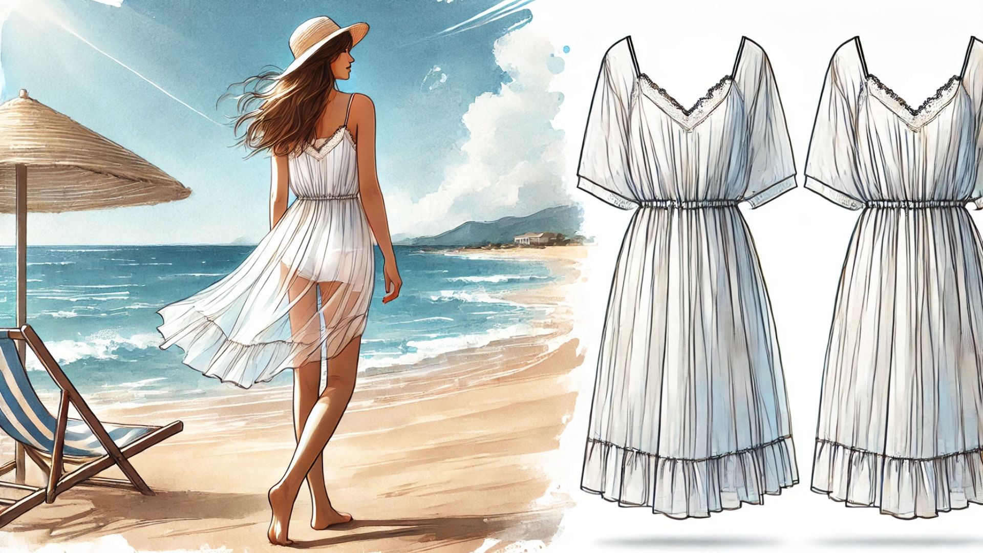 Frau am Strand in einem luftigen, weißen Strandkleid, ideal für sommerliche Strandtage, zeigt stilvollen und bequemen Sommerlook.