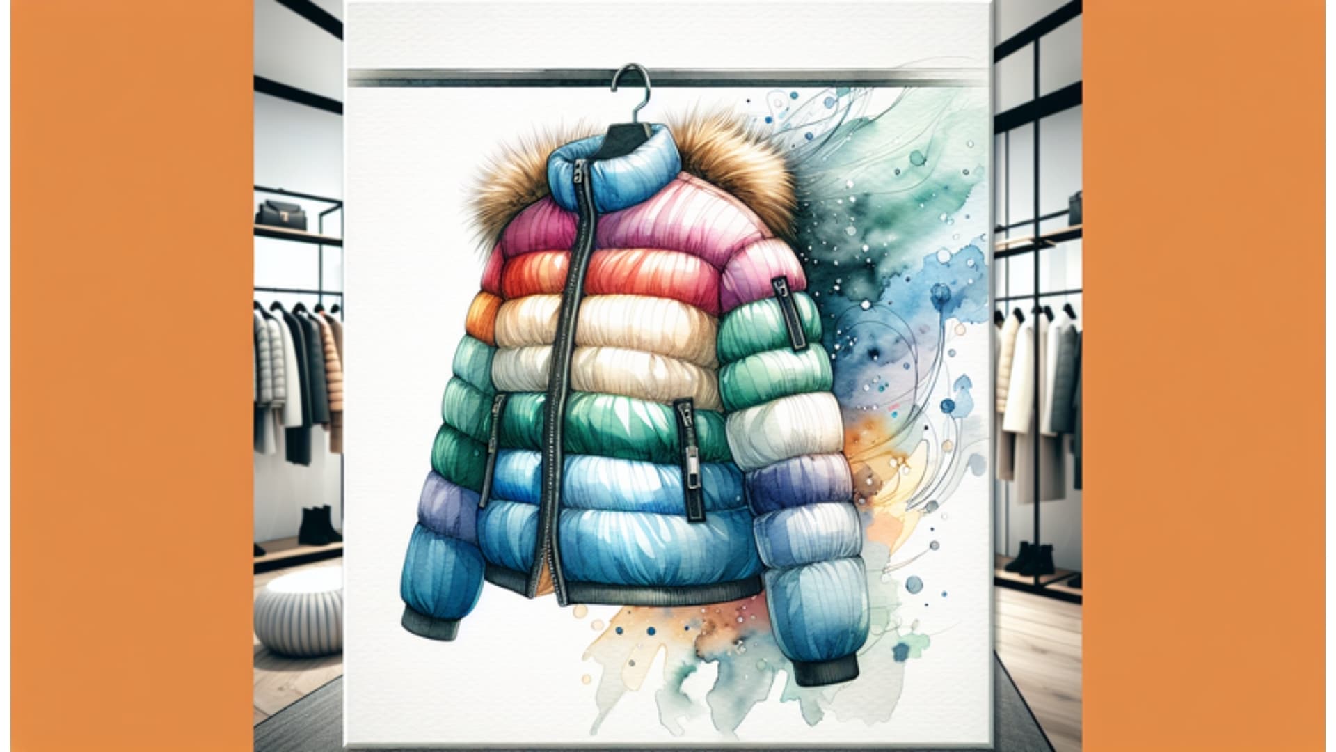 Damen-Winterjacke aus Wolle und Daunen in einem modernen Ankleidezimmer, illustriert in Aquarellstil, zeigt Wind- und Wasserdichtigkeit.